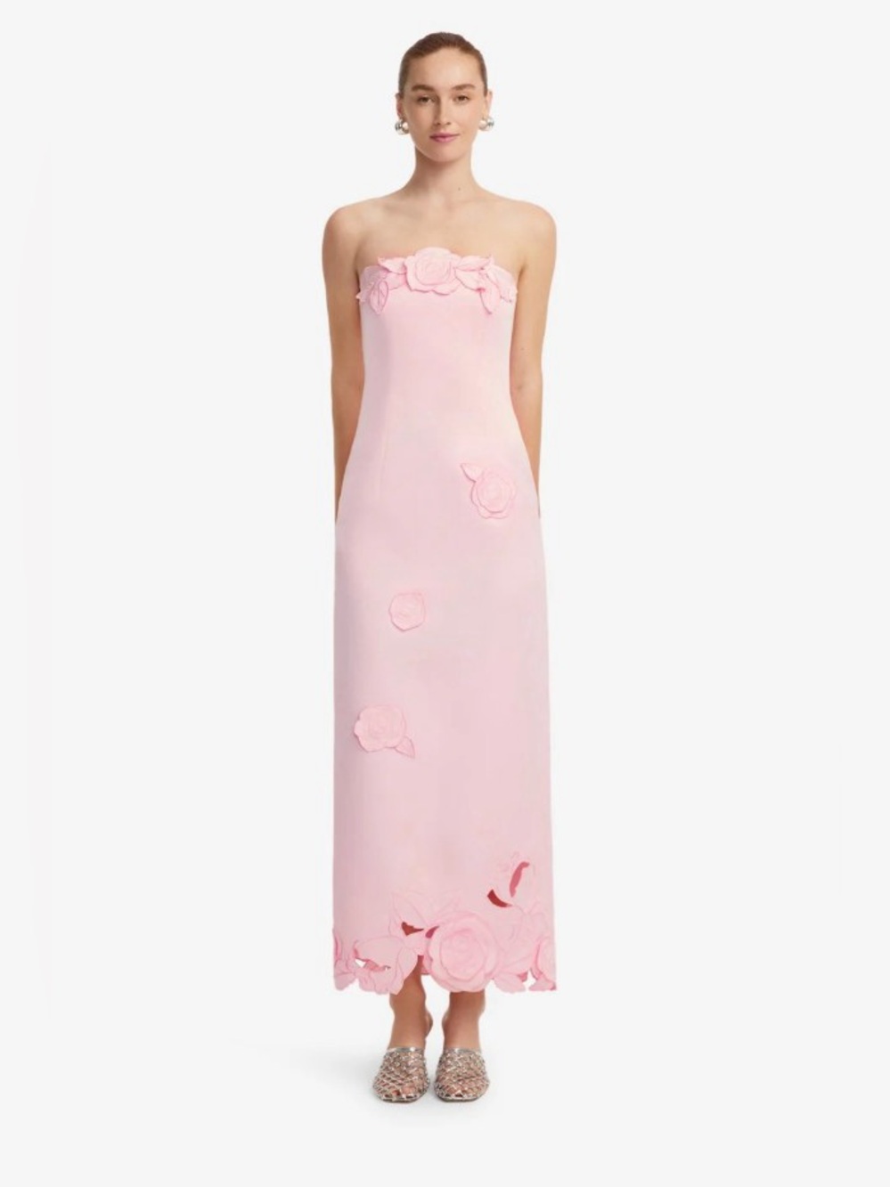 LEO LIN Rayna Blush Pink Rose Appliqué Cutout Strapless Column Maxi Dress